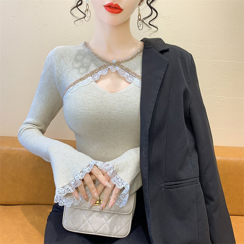 【tops】ビジューレース切り替えニットトップス　M27966