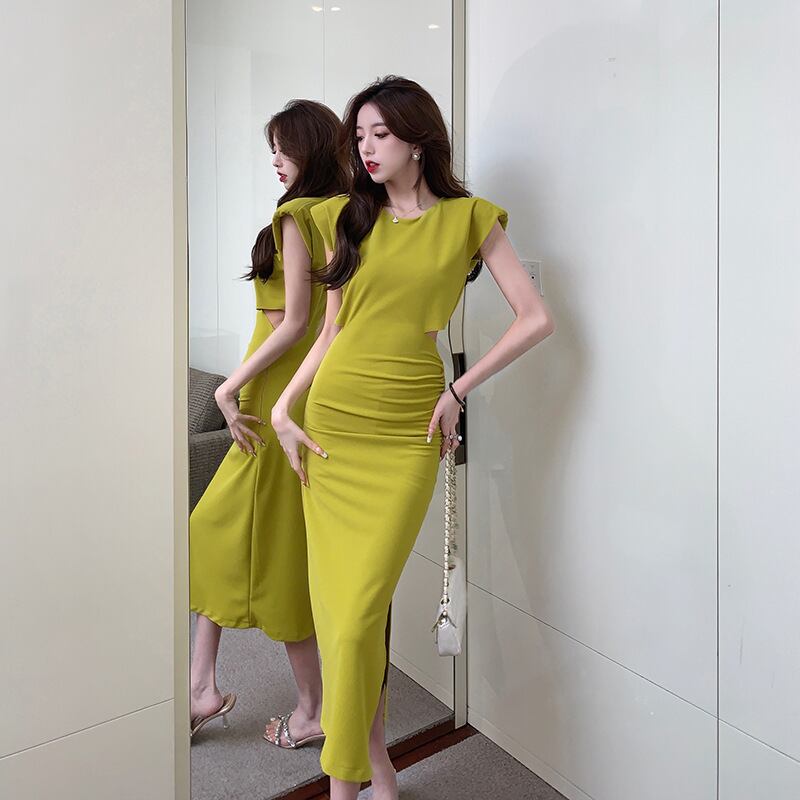 【dress】人気を獲得フランス風気質満点デザイン透かし彫り着痩せスリットタイトワンピース G8676