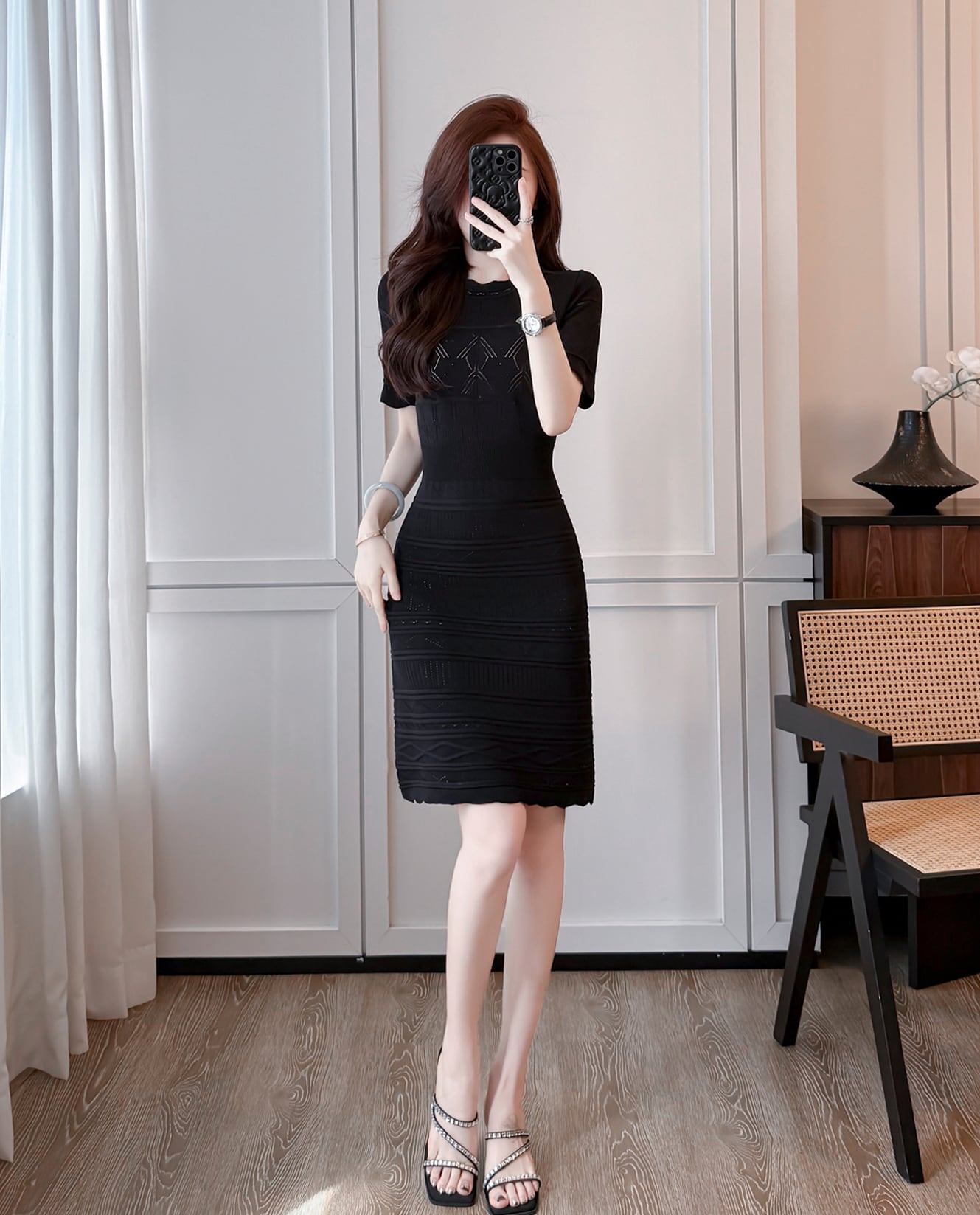 【dress】半袖透かし編みニットワンピース Q8492