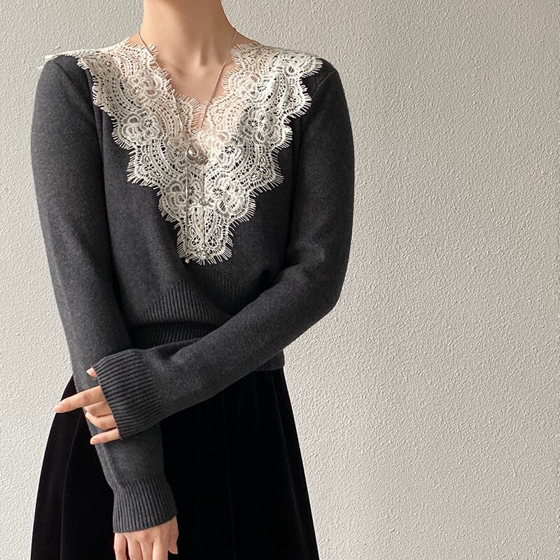 【tops】Vネックレースドッキングニットトップス Q7241
