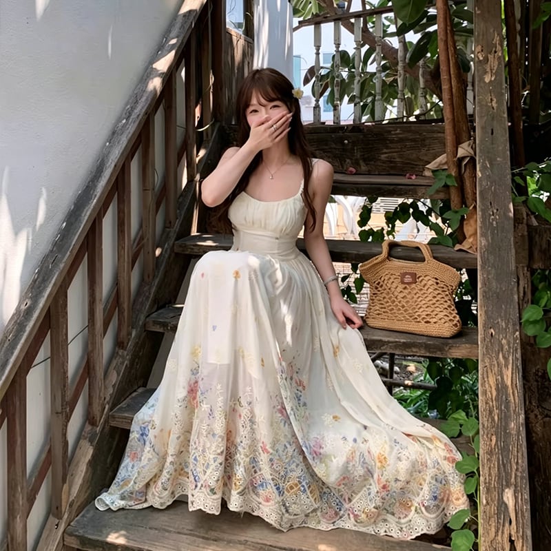 【dress】カラフルフラワーロングキャミワンピース Q8471