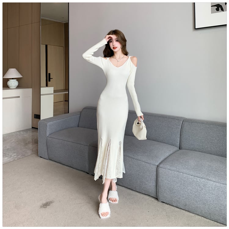 【dress】レースドッキングニットワンピース　M28023