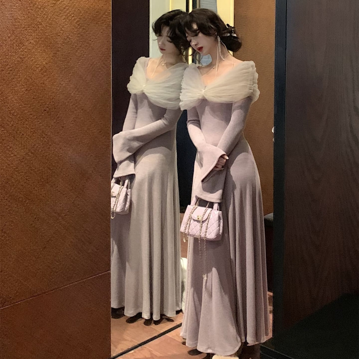 【dress】チュールドッキングニットワンピース　N3460