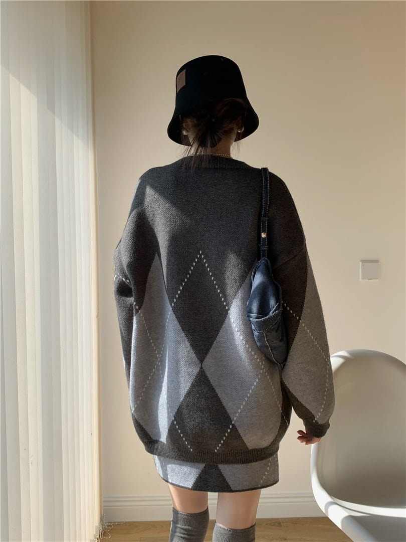 【set】アーガイル柄ニットトップス×ミニスカートセット　N3433