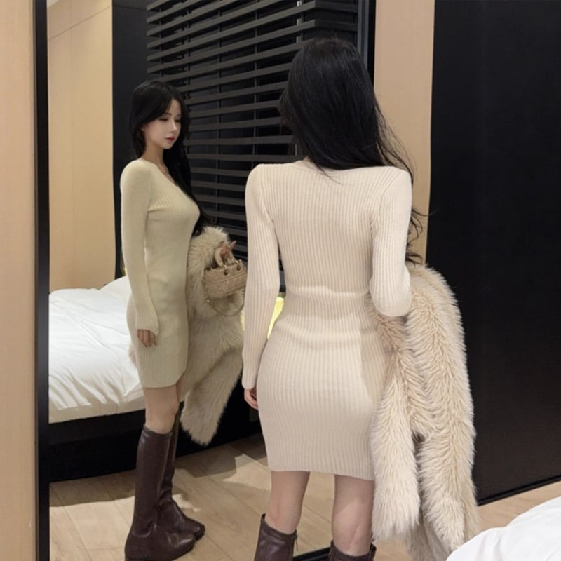 【dress】Vネックニットワンピース Q7105