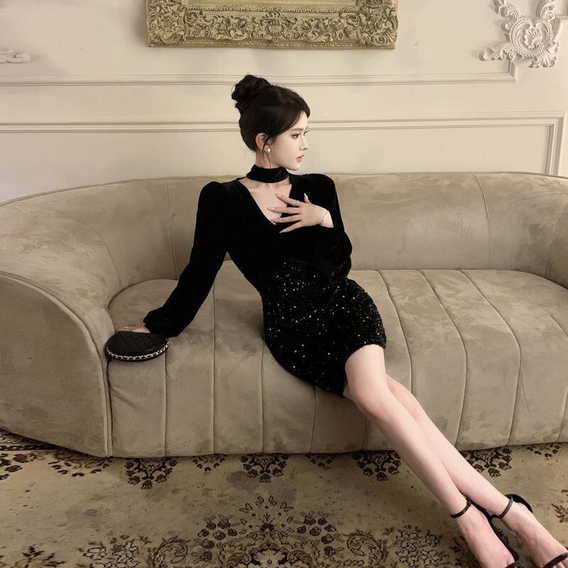 【dress】Vネック長袖スパンコールワンピース G18923