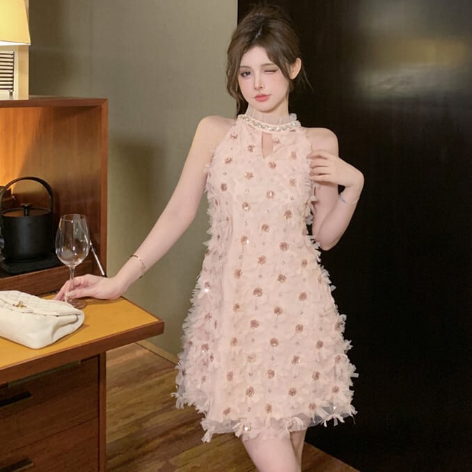 【dress】フラワーモチーフホルターネックワンピース　M24639