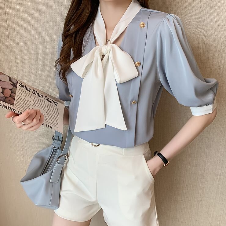 【tops】韓国ファッションタイカラー半袖配色着回しシンプルゆったりブラウスF0131