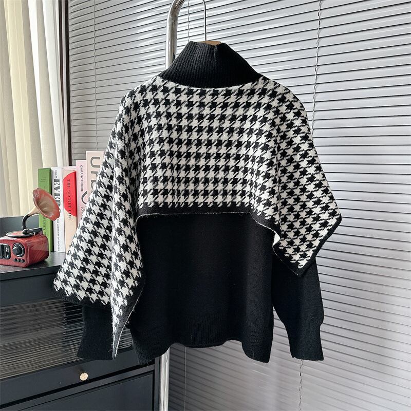【tops】千鳥格子ドッキングニットセーター　M18543