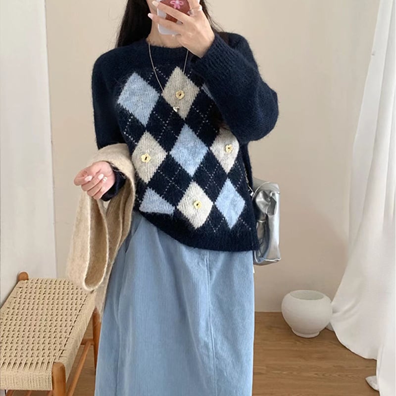 【tops】アーガイルチェックニットトップス Q7145
