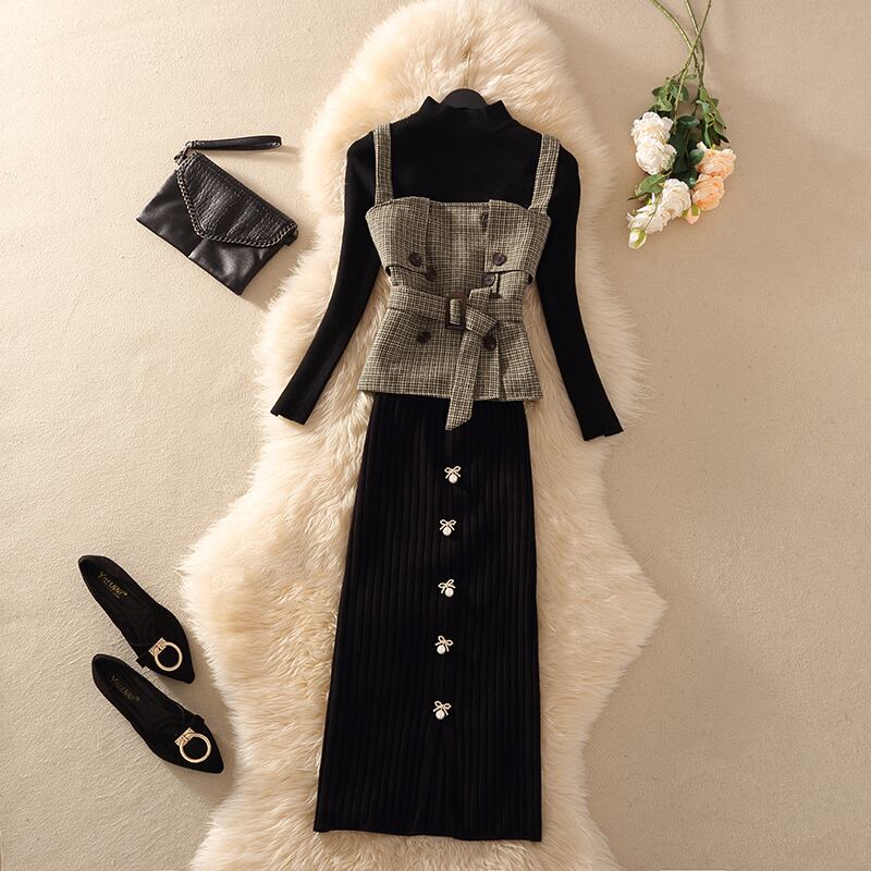 【set】秋冬新作!気質満点レトロニットトップス+ベスト+スカートオシャレ3点セット G2879