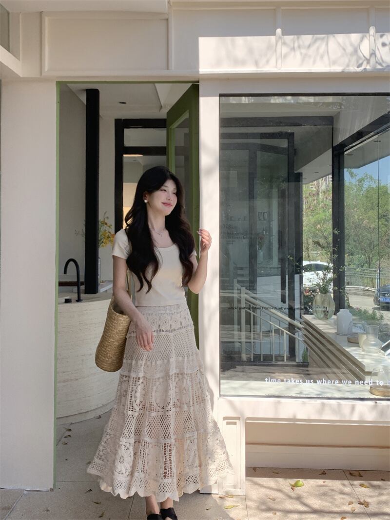 【set】トップス+レース透かし彫りスカート２点セットG21098