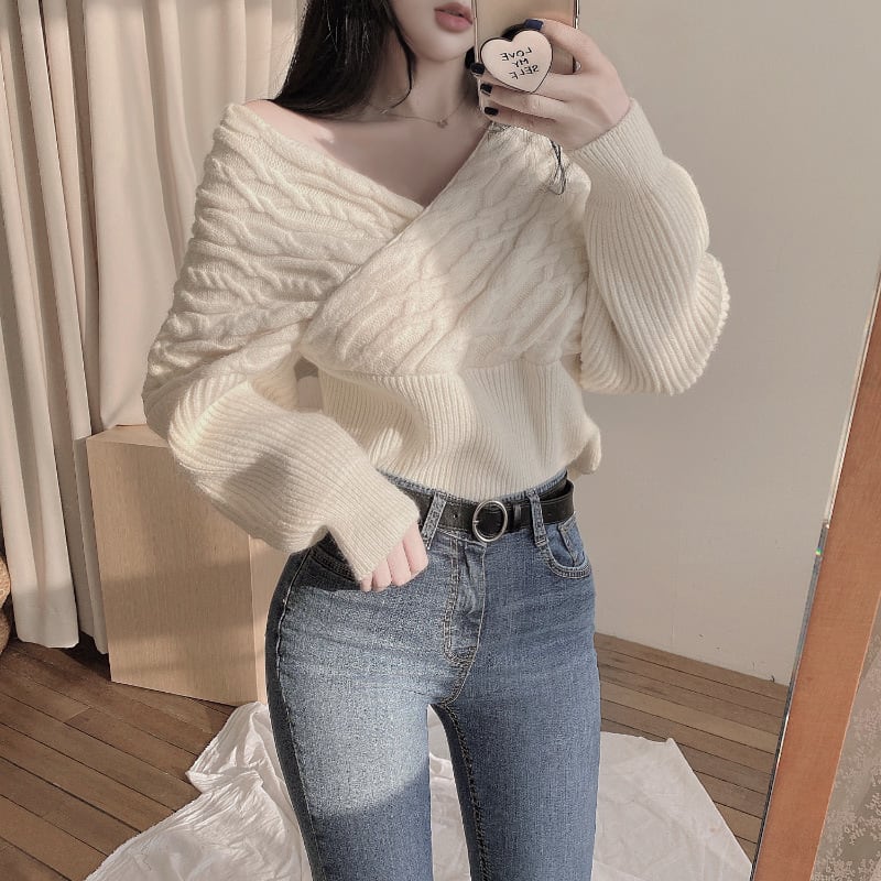 【tops】クロスVネックニットセーター　M26968