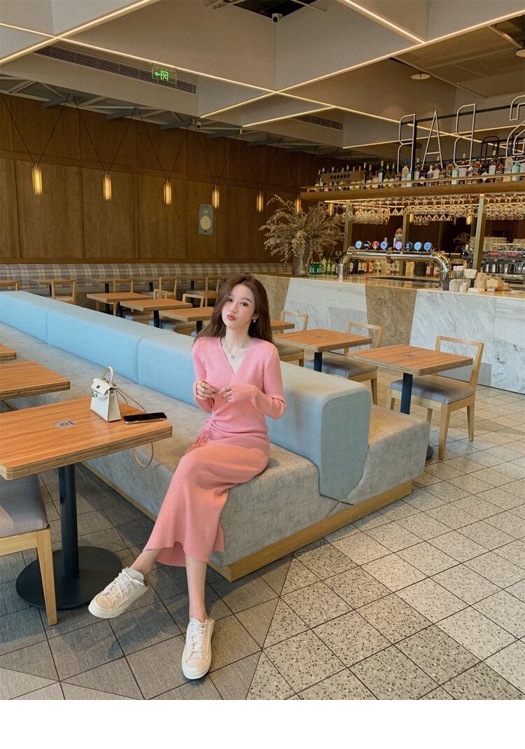 【dress】好感度UP!気質満点デザインフランス風シンプルVネックニットワンピース G2822