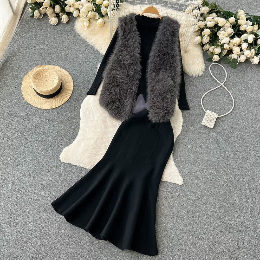 【set】ファージレ×カシュクールニットトップス×マーメイドスカート3点セット　N2741