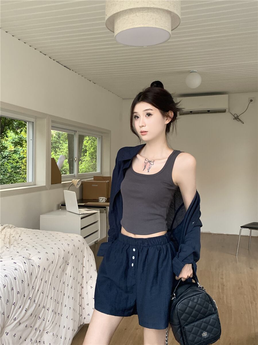 【set】薄手ブラウス+ハイウエストショートパンツ２点セットG21291