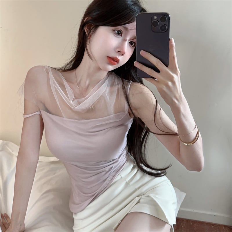【tops】チュール切り替えTシャツ　M25193
