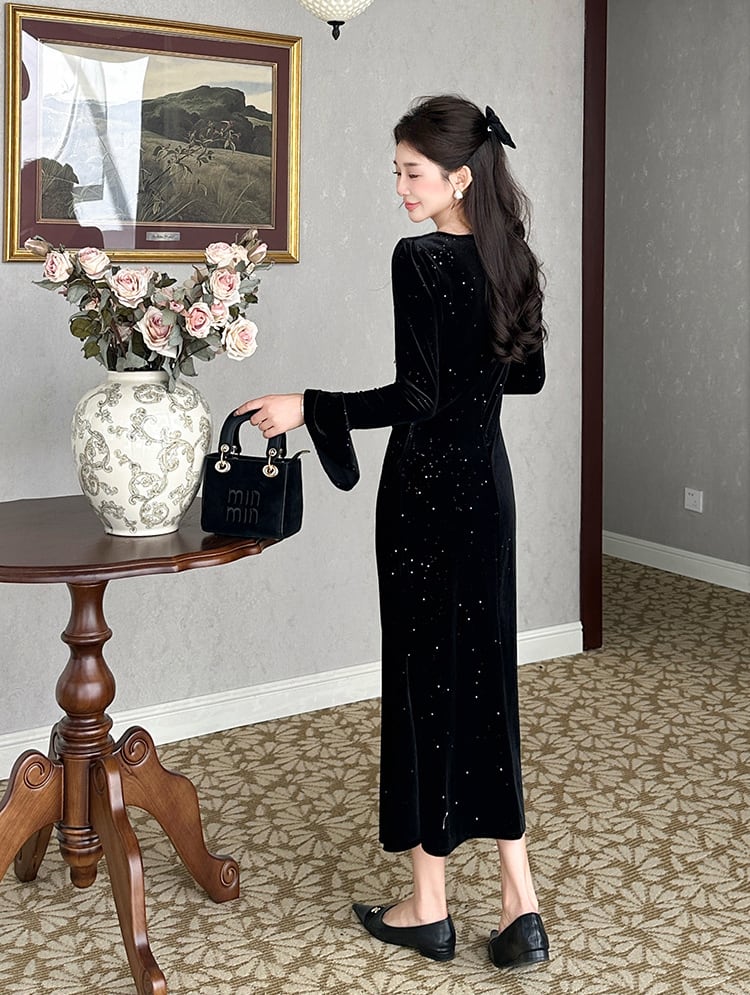 【dress】Vネックベルベットロングワンピース Q7502