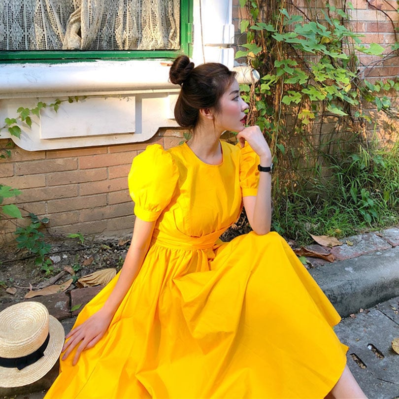 【dress】一目惚れ！ラウンドネック半袖パフ袖体型カバーファッション無地ワンピースF0627