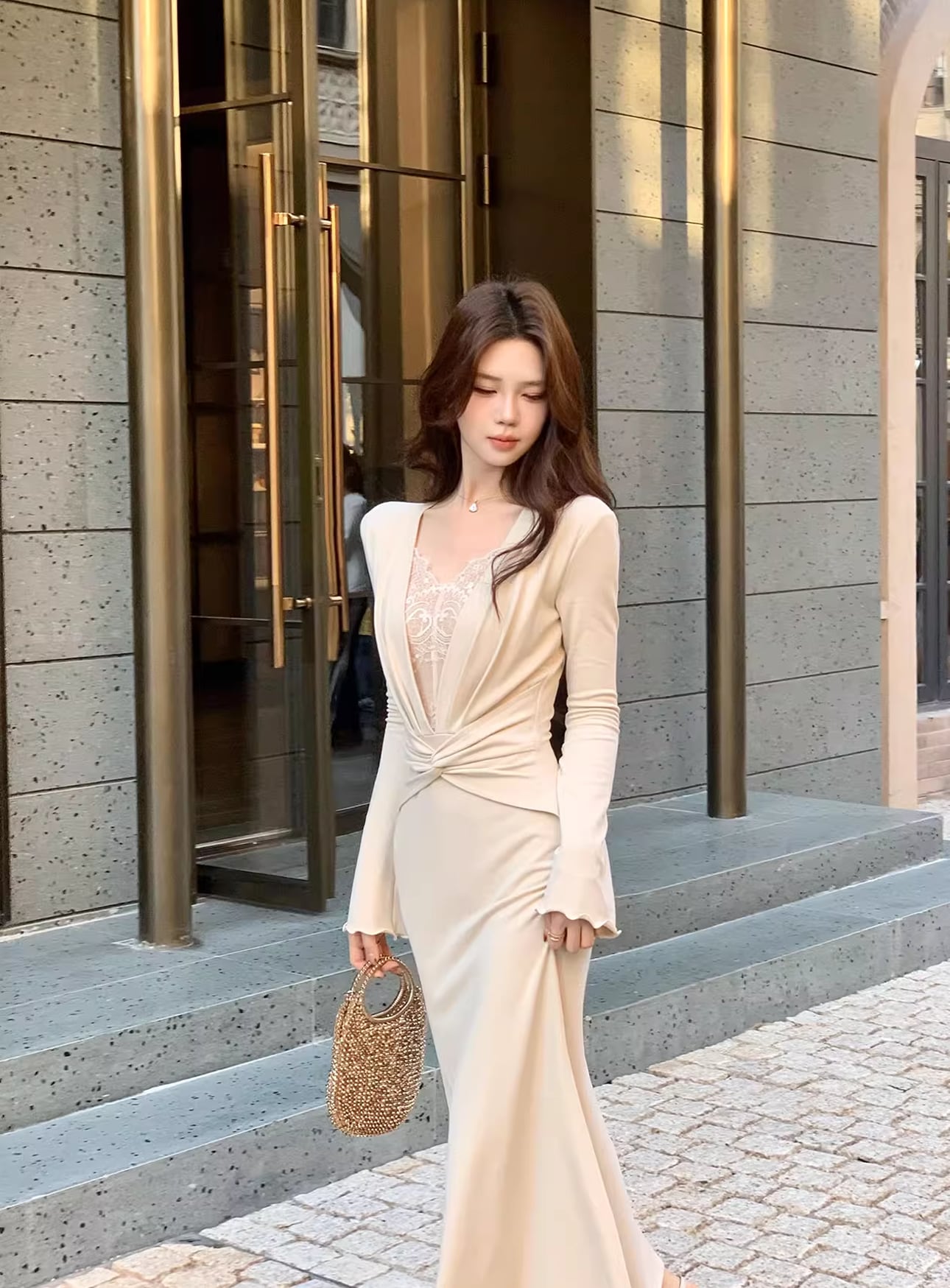 【dress】レースドッキングロングワンピース Q7596