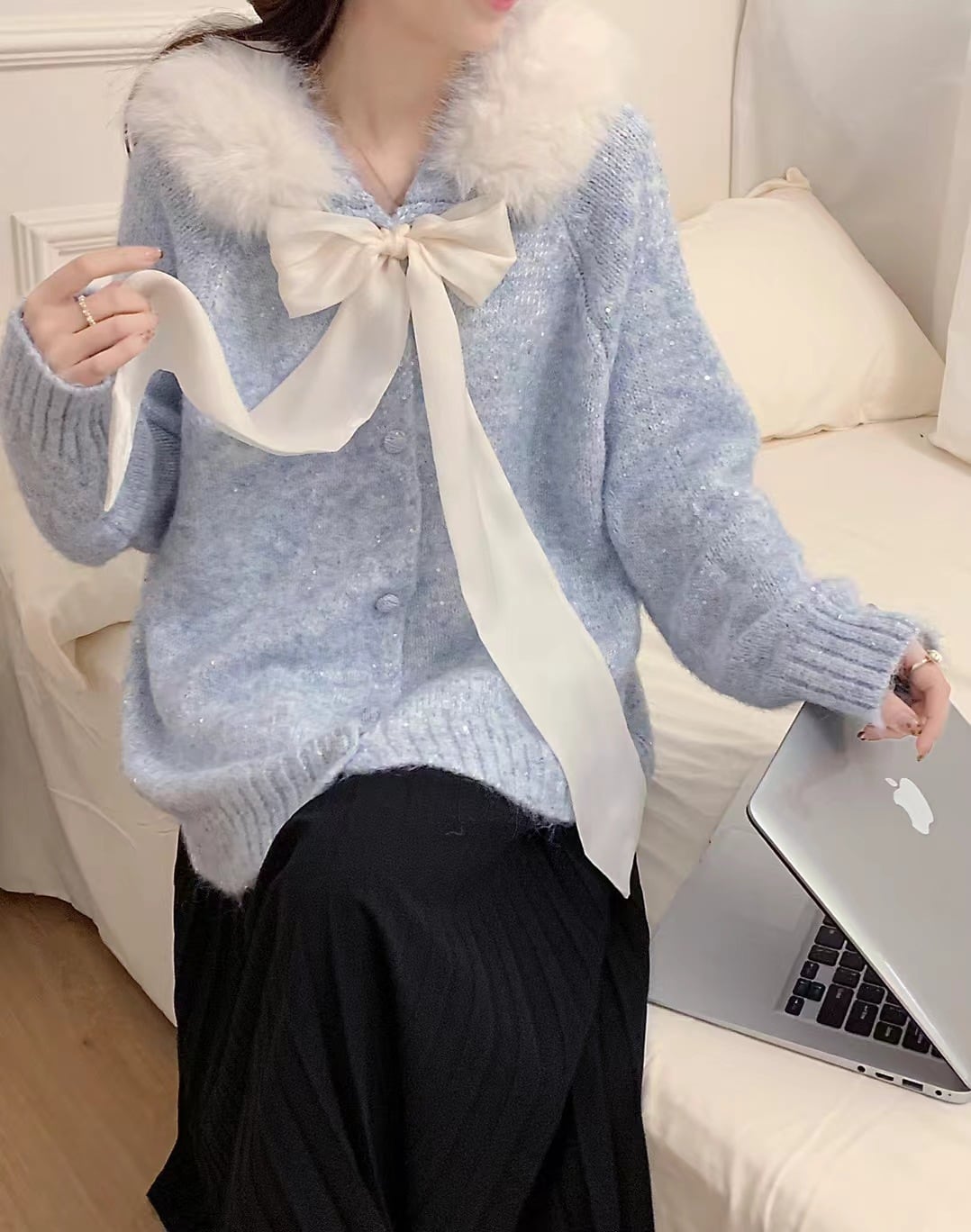 【tops】ビッグリボンフードファーラメニットトップス　N2903