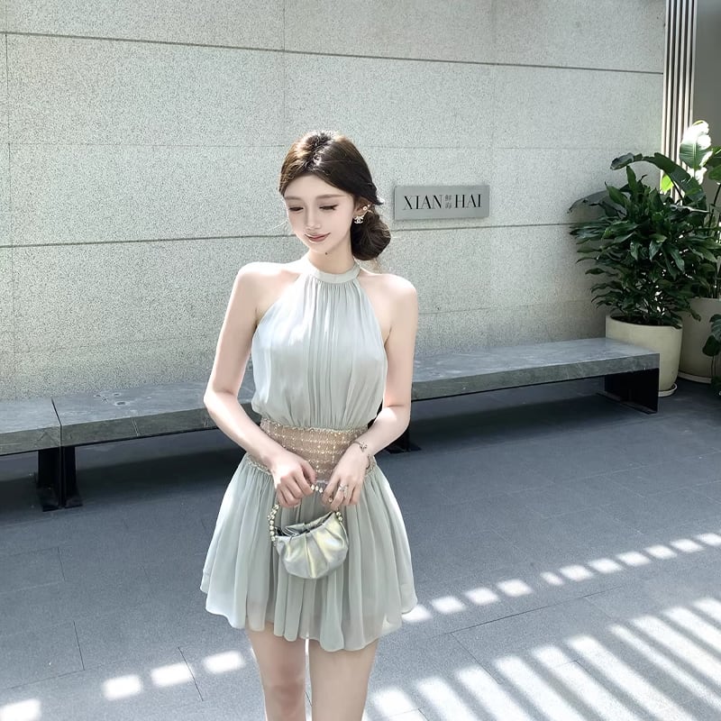 【dress】ビーズ付きノースリーブチュールミニワンピース Q8406