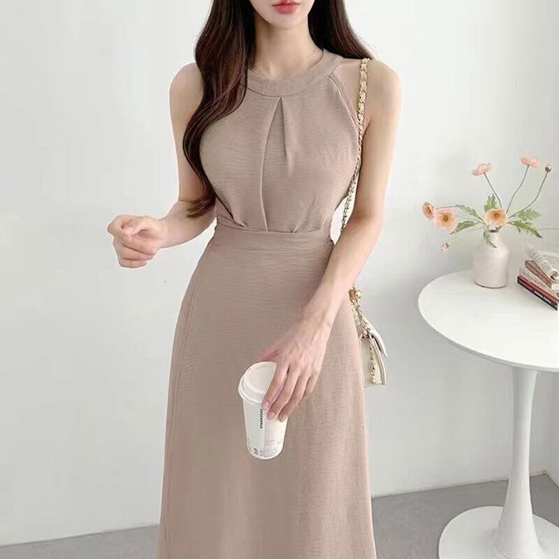 【set】ラウンドネック無地タンクトップ+スカート通勤日常セットアップF5158