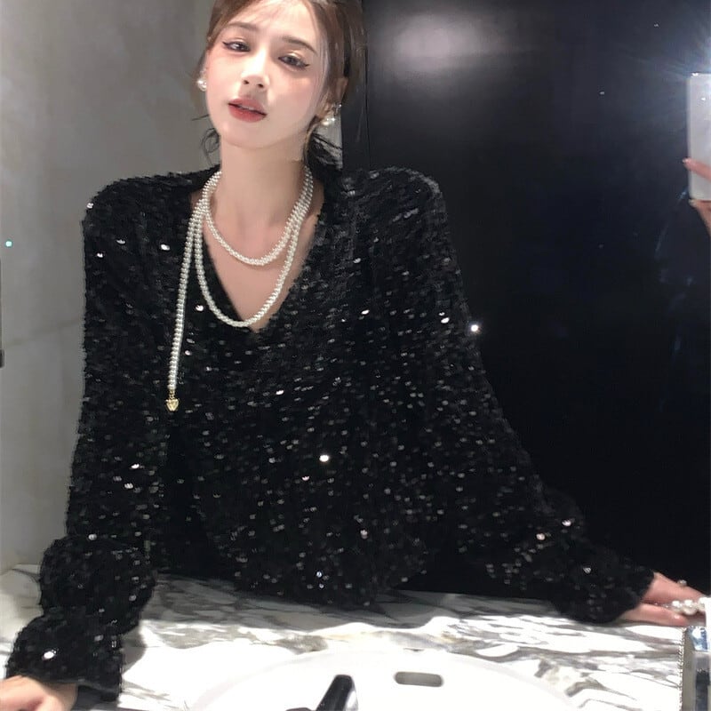 【tops】スパンコールVネックトップス　M28576