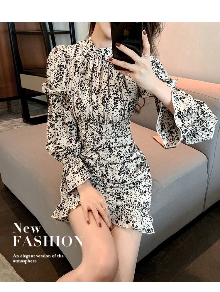 【dress】気質満点 レトロスタンドネックタイト不規則花柄ワンピース G1631