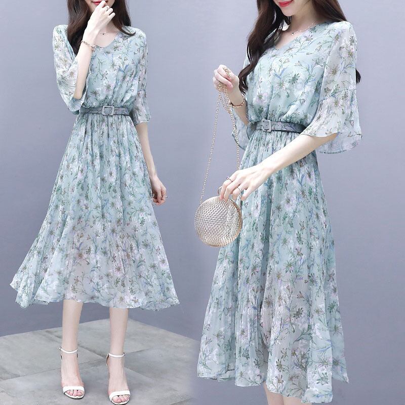 【dress】女性力を高める〜Vネックフレアスリーブ韓国ファッション花柄ワンピースF0295