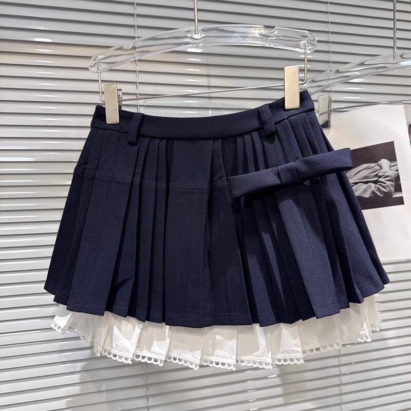 【set】リボン付きニットトップス×プリーツスカートセット Q7370
