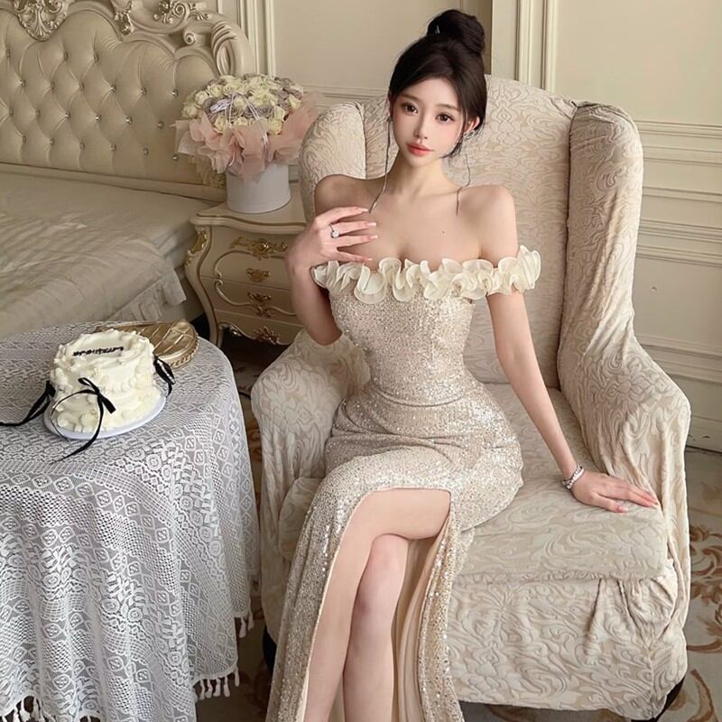 【dress】スパンコール付きオフショルダーロングワンピース Q8041