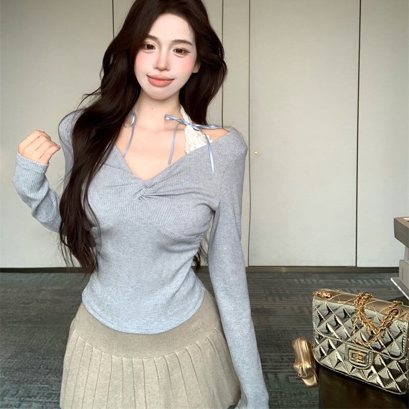【tops】レース切り替えニットトップス　M29546