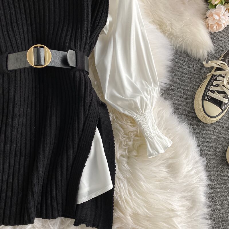 【set】好感度UP!気質満点レトロ韓国系着痩せニットベスト+シャツ２点セット G1682