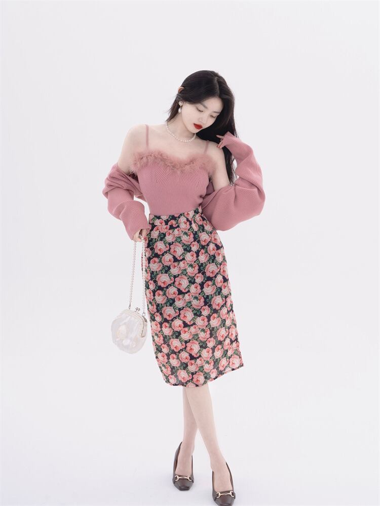 【tops】フェイクファーキャミソール×カーディガンセット　N2128