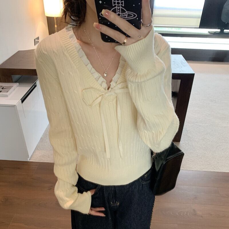 【tops】Vネックリボン付きニットトップス　M27739