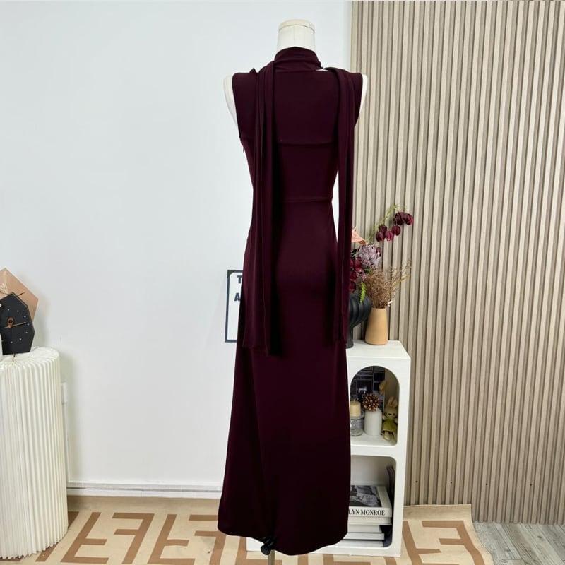 【dress】スカーフ付きノースリーブリボンロングワンピース Q7817