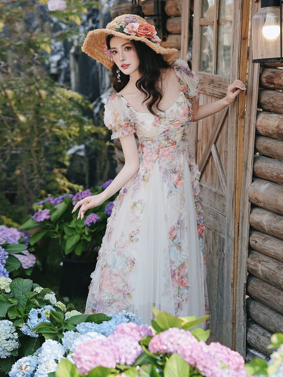 【dress】立体フラワーチュールドッキングロングワンピース　K0556