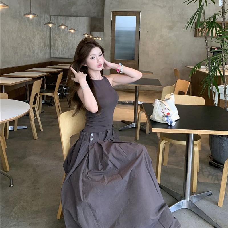 【dress】ノースリーブフェイクレイヤードロングワンピース Q8500