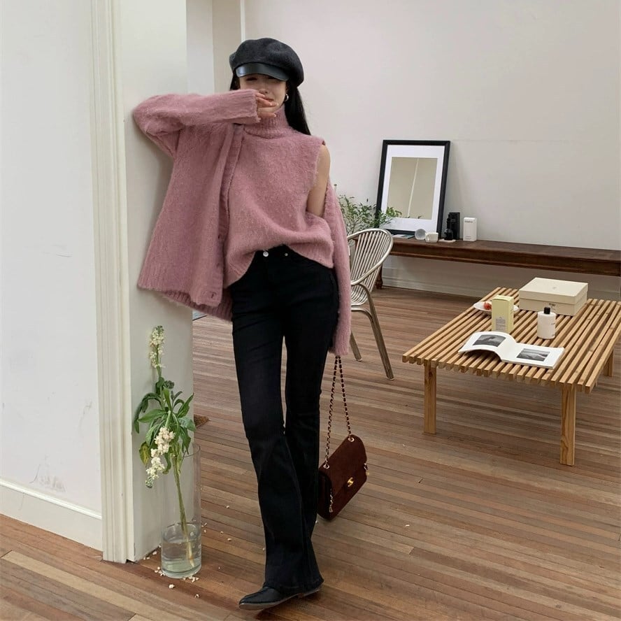 【tops】ハイネックノースリニットトップス×カーディガンセット　N2147