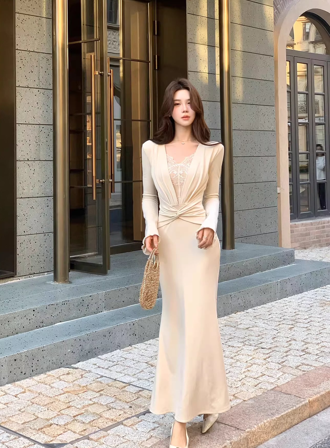 【dress】レースドッキングロングワンピース Q7596