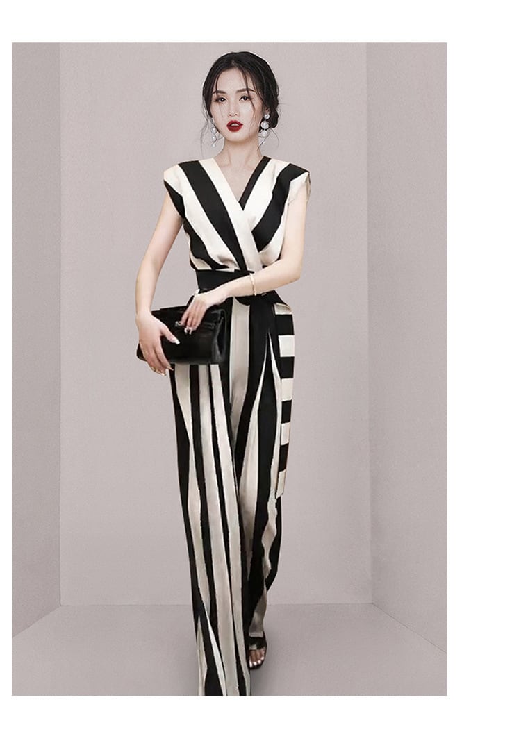 【set】話題沸騰中OL通勤Vネックストライプ柄人気オールインワンF5740