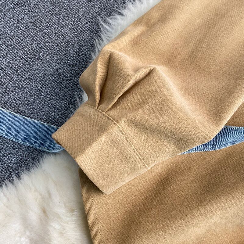 【tops】話題沸騰中春新作4色POLOネック長袖人気デニム切り替え配色着回しブラウスF4620