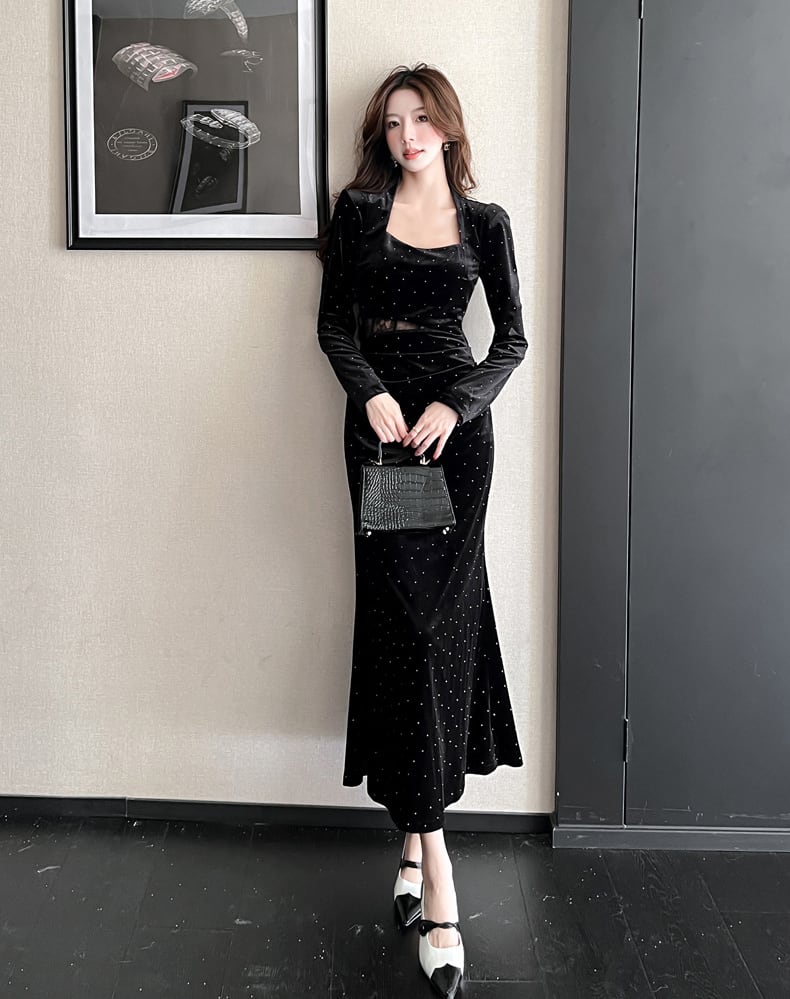 【dress】スクエアネックレースドッキングロングワンピース Q7286