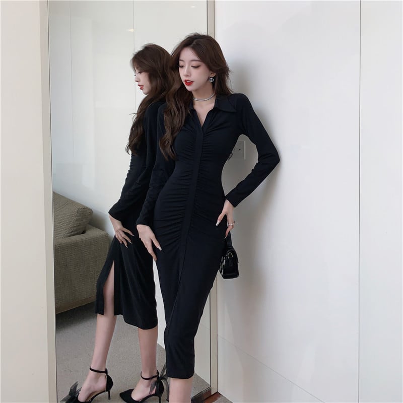 【dress】Vネックギャザーワンピース Q8175