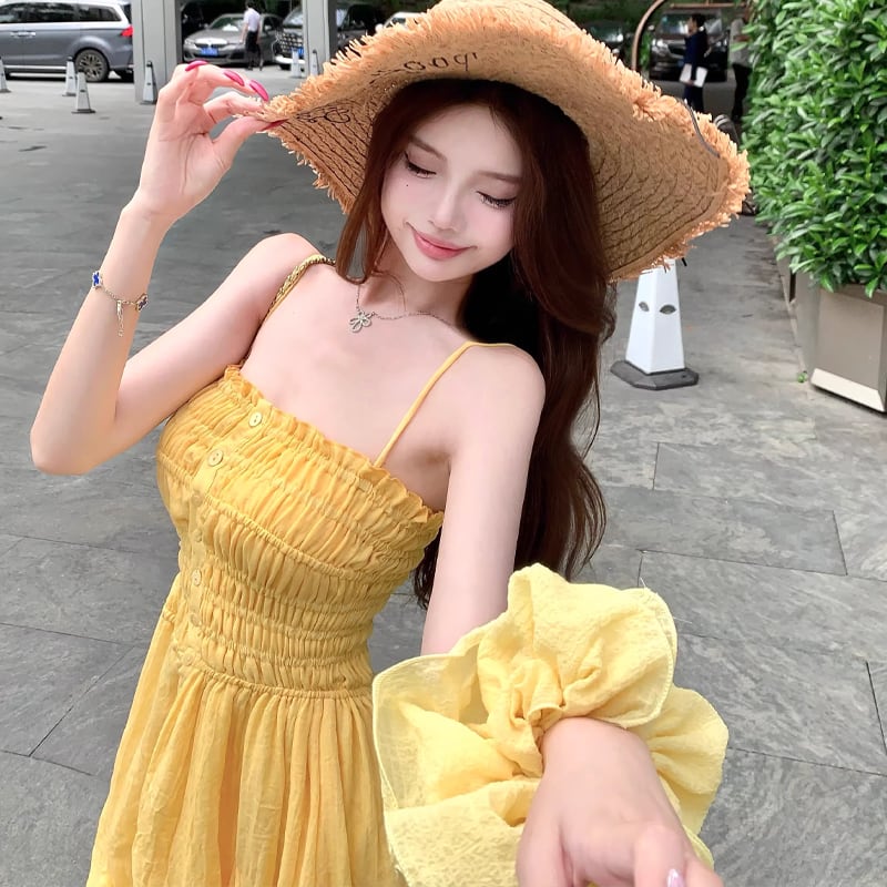 【dress】ギャザーデザインフレアキャミワンピース Q8292