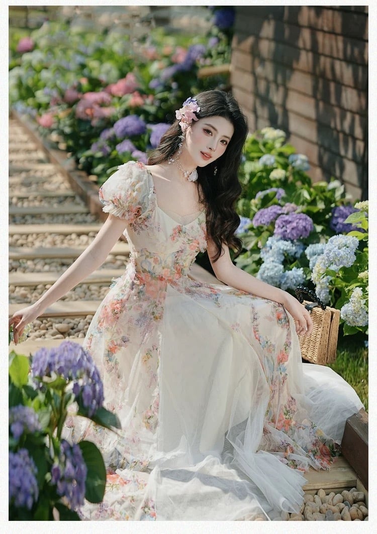 【dress】立体フラワーチュールドッキングロングワンピース　K0556