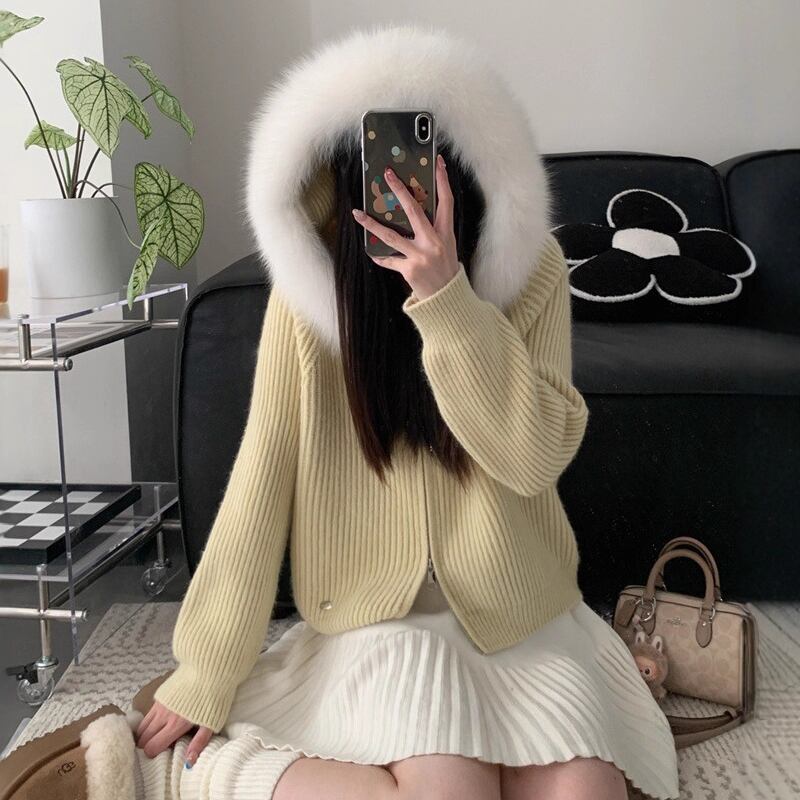 【outer】ファー付きニットカーディガン Q6996