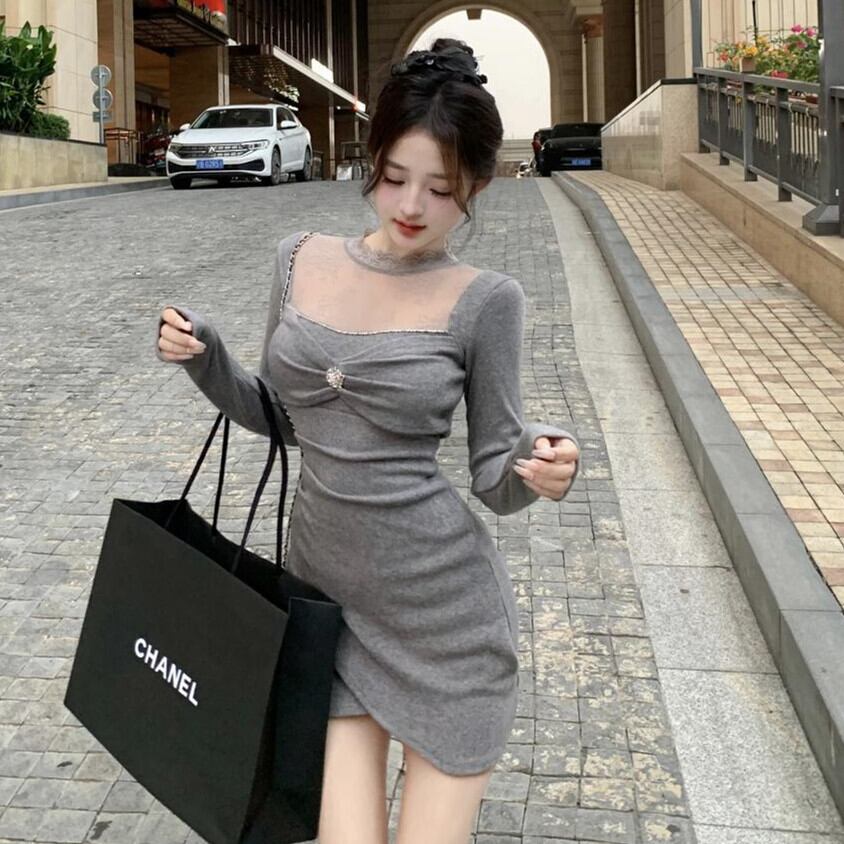 【dress】レース切り替えニットワンピース　M27692