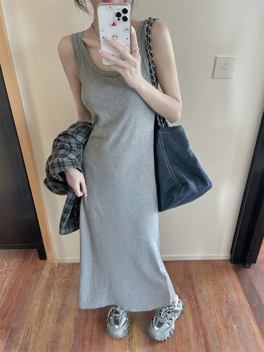 【set】チェック柄シャツ×キャミワンピースセット　M25124